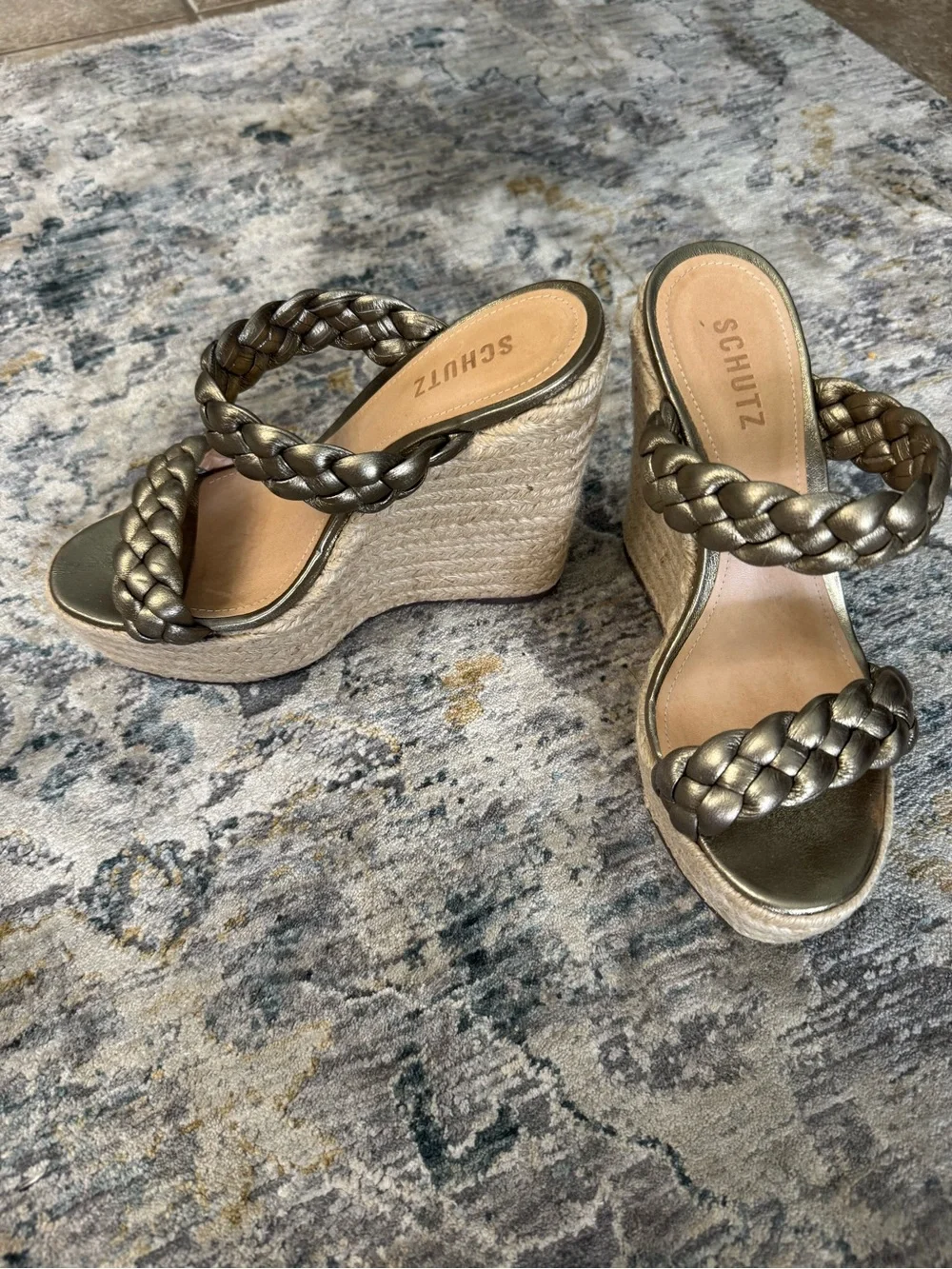 SCHUTZ Metallic Braided Espadrille Wedge Sandals - Gold